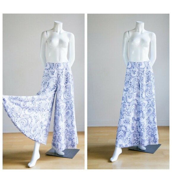 70s White Blue Paisley Print Super Wide Pants